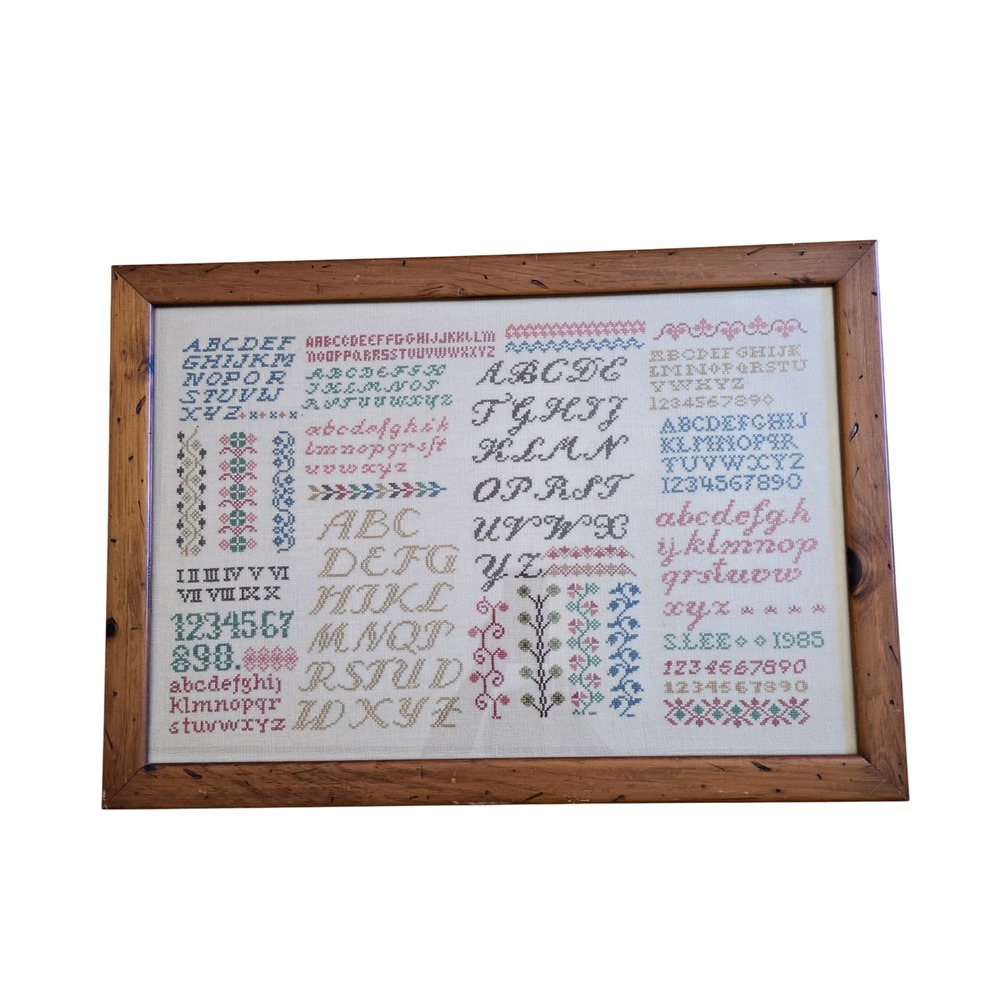 Vintage 1985 Signed S Lee Hand Stitched Alphabet Sampler Framed Folk Art